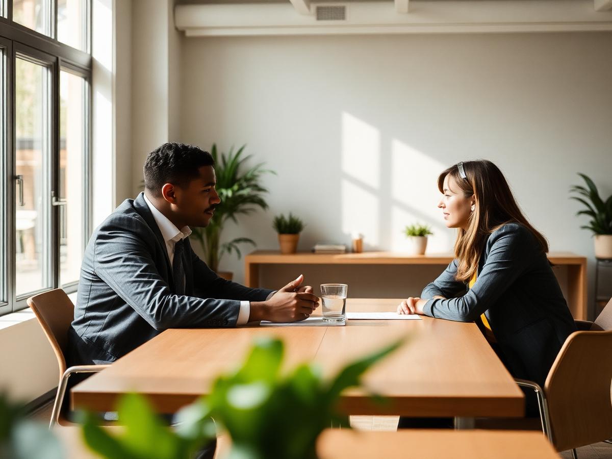 A recruiter talking with a candidate across a table in a bright office
